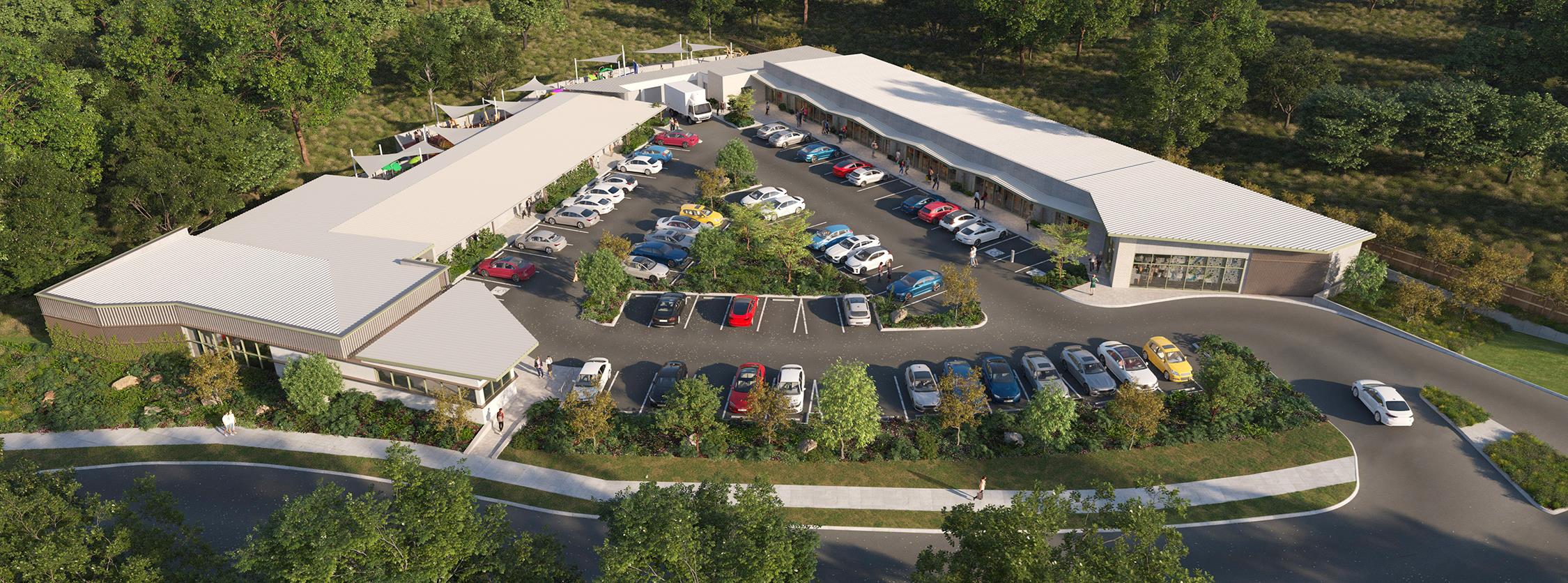 Aerial artist's impression of the single-level LiveWell Burpengary precinct and its 69-bay car park